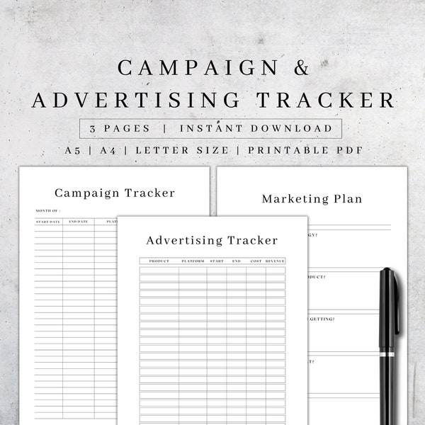 Printable Campaign & Advertising Tracker | Digital Ad Campaign Tracker | Business Planner | Small Business Marketing Organizing | Profit Log