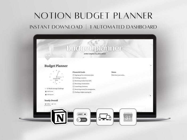 K&ouml;nnte beinhalten: Ein Laptop-Bildschirm zeigt eine Notion-Budgetplaner-Vorlage. Der Bildschirm zeigt eine wei&szlig;e Oberfl&auml;che mit Abschnitten f&uuml;r finanzielle Ziele, Notizen und eine 52-Wochen-Spar-Challenge. Der Text "NOTION BUDGET PLANNER" und "INSTANT DOWNLOAD" stehen oben.