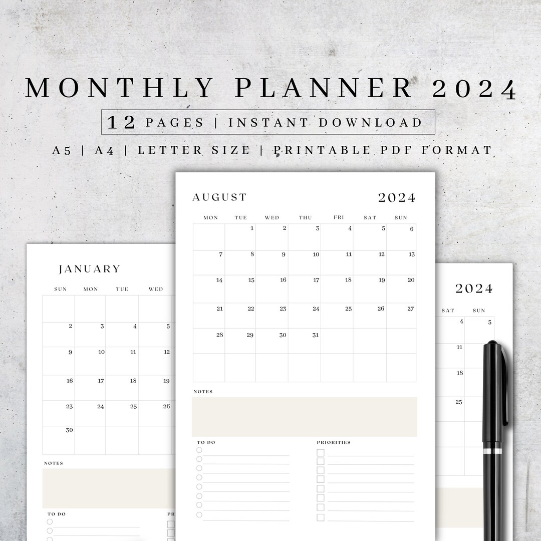 2024 Dated Monthly Calendar Printable Month at a Glance Monthly Planner ...