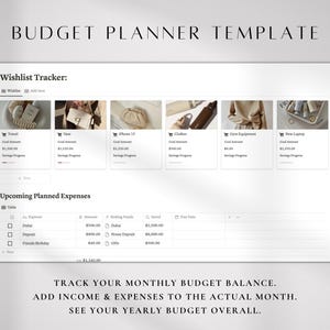 Pode incluir: Modelo de planejador de or&ccedil;amento digital com fundo branco. O modelo inclui se&ccedil;&otilde;es para um rastreador de lista de desejos e despesas planejadas. O texto na imagem diz "BUDGET PLANNER TEMPLATE" e "TRACK YOUR MONTHLY BUDGET BALANCE."