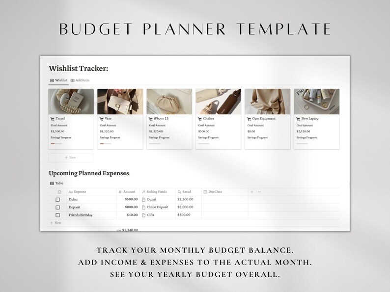 Pode incluir: Modelo de planejador de or&ccedil;amento digital com fundo branco. O modelo inclui se&ccedil;&otilde;es para um rastreador de lista de desejos e despesas planejadas. O texto na imagem diz "BUDGET PLANNER TEMPLATE" e "TRACK YOUR MONTHLY BUDGET BALANCE."