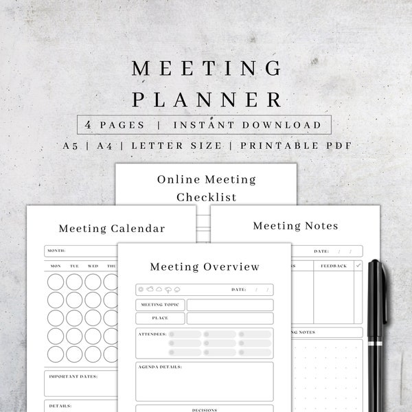 Printable Meeting Notes | Digital Meeting Coordinator PDF |Business Gathering Agenda |Session Log Journal |Meeting Calendar |Meeting Planner