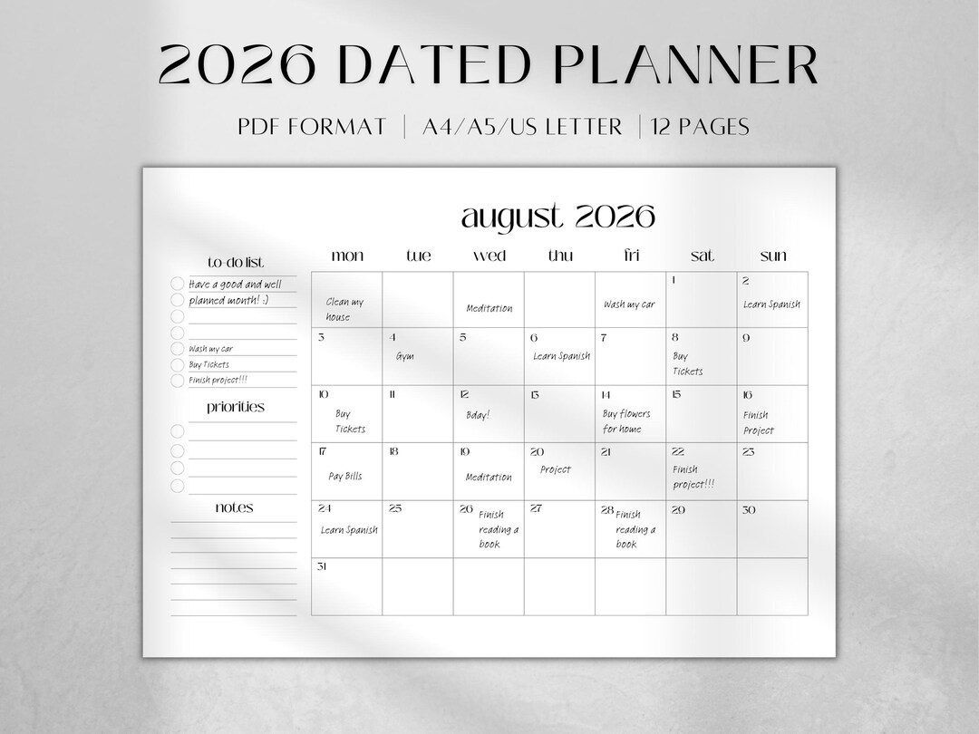2026 Printable Dated Calendar | Digital Monthly Desk Planner | Monthly ...