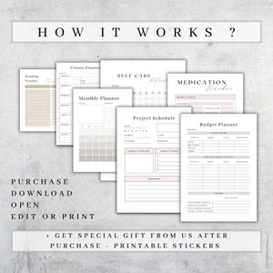 K&ouml;nnte beinhalten: Eine Sammlung druckbarer Planerseiten, darunter ein Lesetracker, Fitnessplaner, Selbstpflege-Ritual, Medikamenten-Tracker, Monatsplaner, Projektplan und Budgetplaner. Der Text "HOW IT WORKS?" steht oben. Unten steht "PURCHASE, DOWNLOAD, OPEN, EDIT OR PRINT".