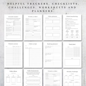 May include: A collection of white printable planner pages with black text. The pages include trackers, checklists, and worksheets for video planning, TikTok marketing, and task management. The text at the top reads "Helpful Trackers, Checklists, Challenges, Worksheets and Planners."