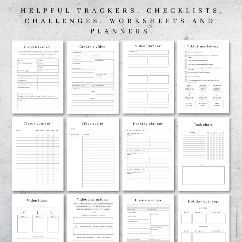 May include: A collection of white printable planner pages with black text. The pages include trackers, checklists, and worksheets for video planning, TikTok marketing, and task management. The text at the top reads "Helpful Trackers, Checklists, Challenges, Worksheets and Planners."
