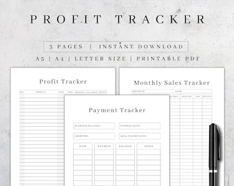 Druckbare Business Profit Tracker | Monatliche Verkäufe, Zahlungs-Tracker (PDF A5, A4, Letter-Größen)