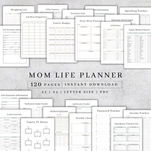 Może przedstawiać: Kolekcja stron do druku z czarnym tekstem na białym papierze. Centralny tytuł brzmi MOM LIFE PLANNER 120 PAGES INSTANT DOWNLOAD A5 A4 LETTER SIZE PDF. Różne formularze obejmują listy zakupów, budżety oraz różnego rodzaju trackery.