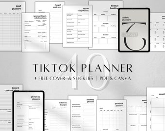 May include: A collection of white paper planner pages with headings like "Post Planner," "Target Audience," and "Holiday Hashtag." A tablet displays a "TikTok Planner" cover. The text "TIKTOK PLANNER" is prominently displayed, along with "+ FREE COVER & STICKERS | PDF & CANVA."