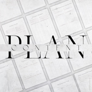 Op de afbeelding: Een verzameling witte papieren documenten, waaronder een bestelformulier, projectbudget en bedrijfschecklist, gerangschikt op een lichtgrijze ondergrond. De woorden "DIANT CONTENT PLAN" zijn in een vetgedrukte, zwarte letter over het midden van de afbeelding geplaatst.
