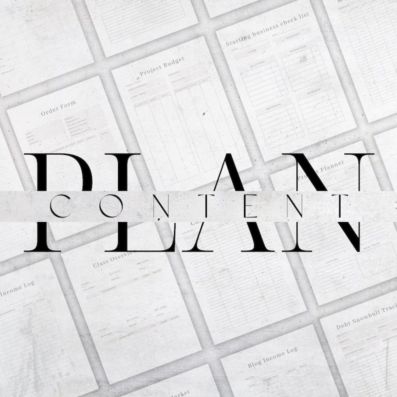 Op de afbeelding: Een verzameling witte papieren documenten, waaronder een bestelformulier, projectbudget en bedrijfschecklist, gerangschikt op een lichtgrijze ondergrond. De woorden "DIANT CONTENT PLAN" zijn in een vetgedrukte, zwarte letter over het midden van de afbeelding geplaatst.
