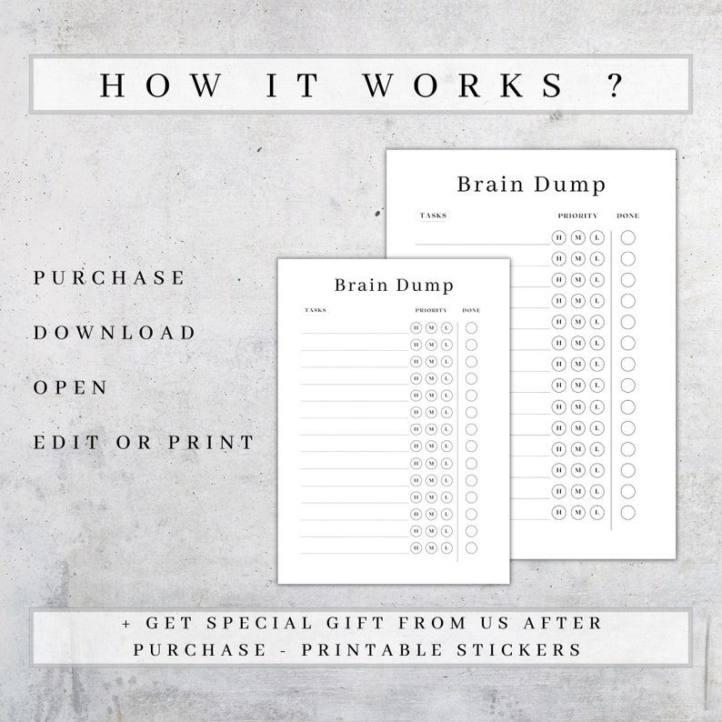 May include: Printable brain dump checklist with two columns for tasks and priorities. Each column has a list of circles with the letters H, M, and L for high, medium, and low priority. The checklist also has a column for done with a list of empty circles.