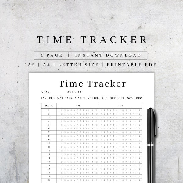 Printable Time Tracker Page | Time Management | Yearly Activity Planner | Pomodoro Tracker | Productivity Planner | Goal Planner | PDF A5/A4