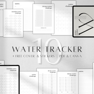 Könnte beinhalten: Ein Satz druckbarer Wasser-Tracker-Seiten in Schwarzweiß. Die Seiten beinhalten eine monatliche Wasser-Challenge, eine 30-Tage-Wasser-Challenge und einen Wasser-Tracker mit Platz für Notizen. Der Text "WATER TRACKER + FREE COVER & STICKERS | PDF & CANVA" wird am unteren Rand des Bildes angezeigt.
