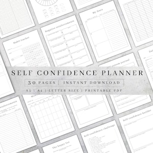 May include: A printable self-confidence planner with 30 pages. The planner includes sections for habit tracking, negative reinforcements, fears, self-esteem journaling, a happy list, and a self-confidence challenge.