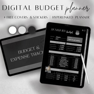 May include: A digital budget planner on a tablet screen with a black background. The planner includes sections for income, expenses, and savings. The text "JANUARY budget" is at the top of the screen. The planner is designed to help users track their finances and save money.