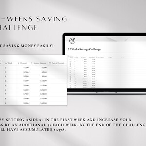 K&ouml;nnte beinhalten: Ein Laptop zeigt eine 52-Wochen-Spar-Challenge-Tabelle, mit einem kleineren Ausdruck davon. Der Text lautet "Beginnen Sie einfach mit dem Sparen!" und detailliert w&ouml;chentliche Sparinkremente. Die Challenge beginnt mit 1 &euro; und erh&ouml;ht sich jede Woche.