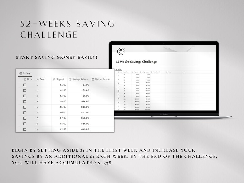 K&ouml;nnte beinhalten: Ein Laptop zeigt eine 52-Wochen-Spar-Challenge-Tabelle, mit einem kleineren Ausdruck davon. Der Text lautet "Beginnen Sie einfach mit dem Sparen!" und detailliert w&ouml;chentliche Sparinkremente. Die Challenge beginnt mit 1 &euro; und erh&ouml;ht sich jede Woche.