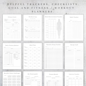 May include: A printable set of black and white fitness trackers, checklists, and planners. The trackers include fitness goals, workout log, body measurement tracker, habit tracker, daily fitness planner, meal plan, monthly sleep tracker, recipe card, monthly water challenge, my fitness goals, fitness result, and calories tracker.