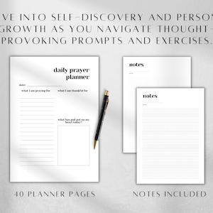 May include: A daily prayer planner page with sections for date, prayer requests, gratitude, and reflections, alongside two notes pages and a black pen. The text reads: Delve into self-discovery and personal growth as you navigate thought-provoking prompts and exercises. 40 planner pages. Notes included.
