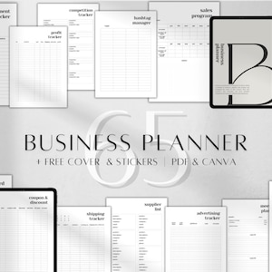 May include: A set of printable business planner pages in black and white. The pages include sections for tracking payments, competition, profit, hashtags, sales programs, campaigns, keywords, coupons and discounts, shipping, suppliers, advertising, and meetings. The text "BUSINESS PLANNER + FREE COVER & STICKERS | PDF & CANVA" is at the bottom of the image.