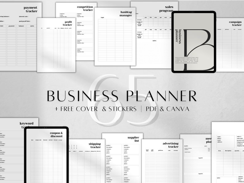 May include: A set of printable business planner pages in black and white. The pages include sections for tracking payments, competition, profit, hashtags, sales programs, campaigns, keywords, coupons and discounts, shipping, suppliers, advertising, and meetings. The text "BUSINESS PLANNER + FREE COVER & STICKERS | PDF & CANVA" is at the bottom of the image.