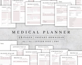 Planificador médico imprimible / Carpeta del planificador de atención médica / Diario de bienestar / Rastreador de medicamentos PDF / Carpeta de salud familiar / Autocuidado A5, A4