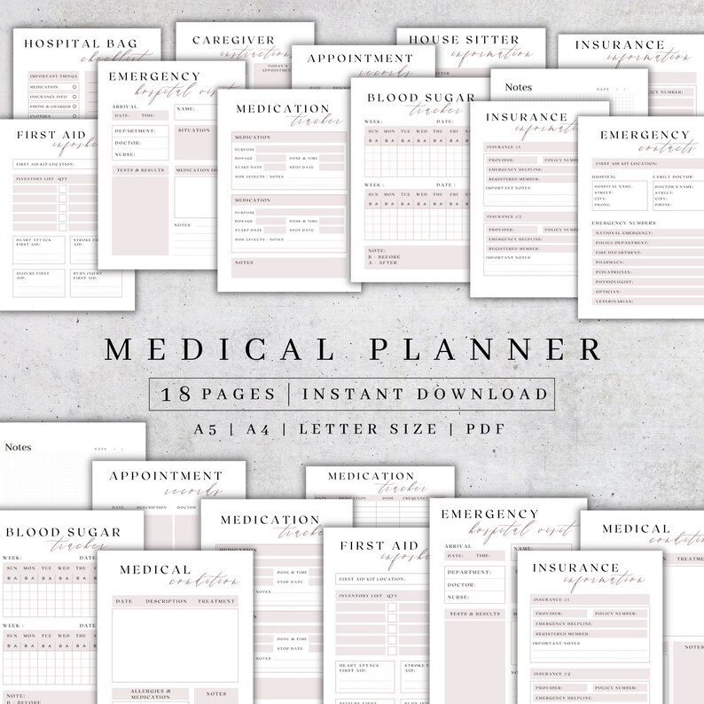 Printable Medical Planner | Health Tracker Wellness Journal | Medication Log Family Binder A4 A5 Letter image 1