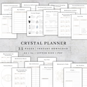 May include: A printable crystal planner with 35 pages, including sections for creating a crystal grid, working with crystals, healing worksheets, meditation reflection, cleansing and charging crystals, meditation tracker, crystal resources, fact file, my crystals for protection, relaxation, and inspiration, my wishlist, my collection, vesica piscis, metatron's cube, why crystals, and I feel. The planner is available in A5, A4, and letter size.