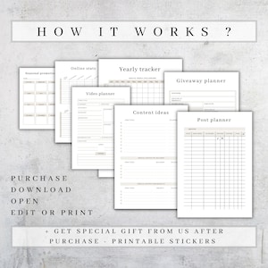 May include: A collection of printable planner pages with headings like "Yearly Tracker," "Video Planner," and "Post Planner." The pages are in a neutral color palette with text that reads "How It Works?" and instructions to purchase, download, open, and edit or print.