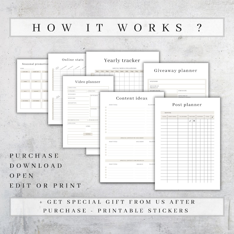 May include: A collection of printable planner pages with headings like "Yearly Tracker," "Video Planner," and "Post Planner." The pages are in a neutral color palette with text that reads "How It Works?" and instructions to purchase, download, open, and edit or print.