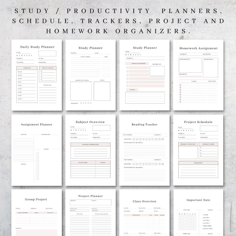 May include: A set of printable study planners, trackers, and organizers for students. The pages are designed with a minimalist aesthetic and include sections for daily study, homework assignments, subject overviews, reading tracking, project schedules, group projects, class overviews, and important dates.