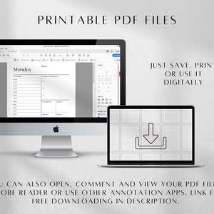 May include: Printable PDF files for a daily planner. The image shows a computer screen displaying a Monday planner page with a schedule, to-do list, and notes section. The text "JUST SAVE, PRINT OR USE IT DIGITALLY" is displayed on the right side of the image. The text "YOU CAN ALSO OPEN, COMMENT AND VIEW YOUR PDF FILE IN ADOBE READER OR USE OTHER ANNOTATION APPS, LINK FOR FREE DOWNLOADING IN DESCRIPTION." is displayed at the bottom of the image.