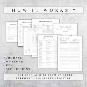 May include: Printable fitness planner with pages for tracking calories, workouts, measurements, health habits, and journaling. The planner has a black and white design with the text "HOW IT WORKS?" at the top.
