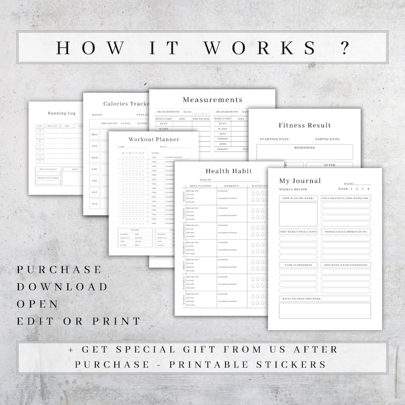 May include: Printable fitness planner with pages for tracking calories, workouts, measurements, health habits, and journaling. The planner has a black and white design with the text "HOW IT WORKS?" at the top.