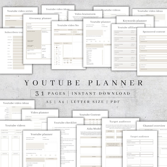 YouTube Planner Printable | Content Strategy, Video Tracker (A4/A5/Letter) (Digital Download)