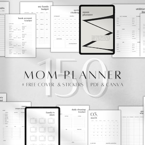 May include: A collection of digital planner pages featuring black text on white backgrounds, including templates for doctor visits, bank account trackers, family budgets, saving challenges, utility lists, emergency contacts, grocery lists, and cleaning trackers.