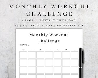 Monatliche Workout-Challenge zum Ausdrucken | Fitness Planer (A5/A4/Letter) (PDF Download)