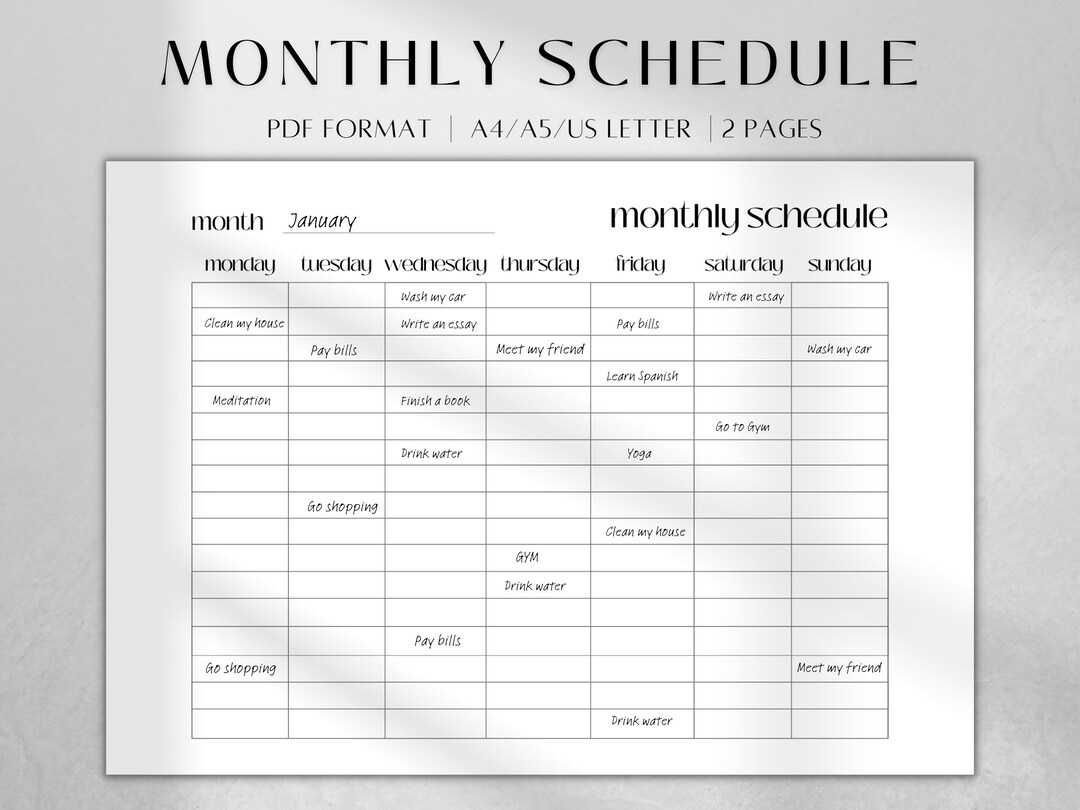 Monthly Schedule.pdf Printable Monthly Planner | Undated Schedule, A4/a5/letter (PDF ...