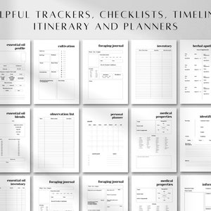 K&ouml;nnte beinhalten: Ein Satz druckbarer Schwarzwei&szlig;-Tracker, Checklisten, Zeitpl&auml;ne, Reiserouten und Planer f&uuml;r &auml;therische &Ouml;le. Die Seiten umfassen Abschnitte f&uuml;r das Profil von &auml;therischen &Ouml;len, Mischungen, Inventar, Anbau, Sammeltagebuch, Beobachtungsliste, pers&ouml;nlicher Planer, medizinische Eigenschaften, Kr&auml;uteridentifizierung und Kr&auml;uterinformationen.