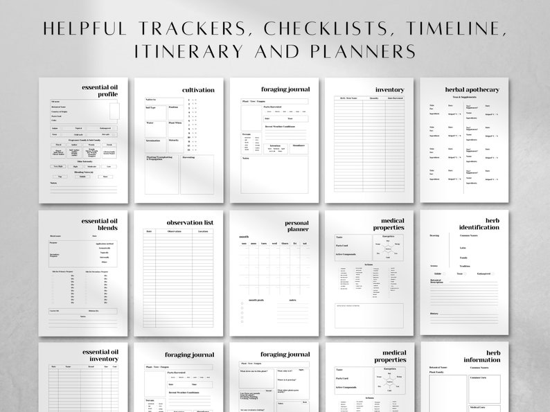 K&ouml;nnte beinhalten: Ein Satz druckbarer Schwarzwei&szlig;-Tracker, Checklisten, Zeitpl&auml;ne, Reiserouten und Planer f&uuml;r &auml;therische &Ouml;le. Die Seiten umfassen Abschnitte f&uuml;r das Profil von &auml;therischen &Ouml;len, Mischungen, Inventar, Anbau, Sammeltagebuch, Beobachtungsliste, pers&ouml;nlicher Planer, medizinische Eigenschaften, Kr&auml;uteridentifizierung und Kr&auml;uterinformationen.