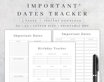 Important Dates Printable | Birthday, Anniversary Tracker (A5/A4/Letter) (PDF Pattern)