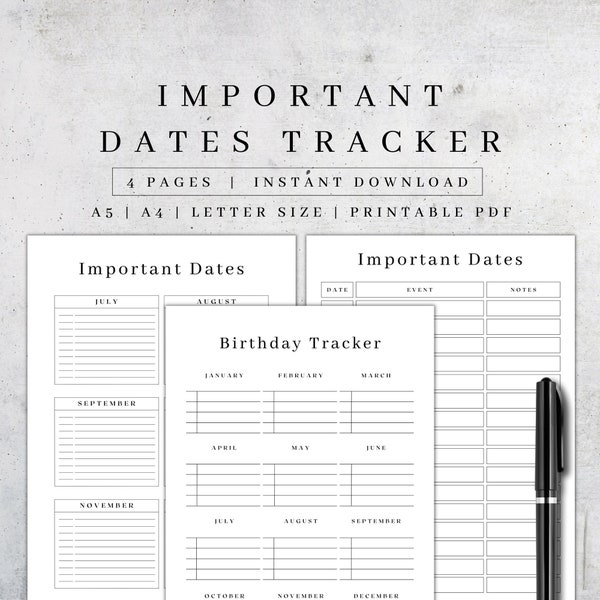 Important Dates Printable | Birthday Tracker List | Yearly Calendar Reminder | Anniversaries, Car Maintenance, Doctor Visit Journal HP A5/A4