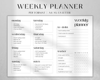 Planificador semanal minimalista imprimible / Registro de hábitos (Descarga en PDF A4/A5/Carta estadounidense)