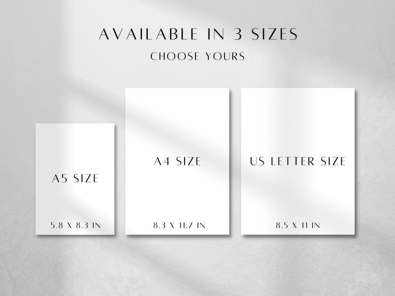 May include: Three white paper rectangles with black text showing the different sizes available for a print. The sizes are A5, 5.8 x 8.3 inches, A4, 8.3 x 11.7 inches, and US Letter, 8.5 x 11 inches.