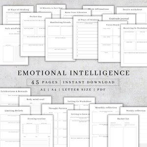 Puede incluir: Un cuaderno de trabajo imprimible de 45 páginas para ejercicios de inteligencia emocional. El cuaderno incluye páginas para la atención plena diaria, el diario de gratitud, los tableros de visión y mucho más. El cuaderno está disponible en tamaño A5, A4 y carta.