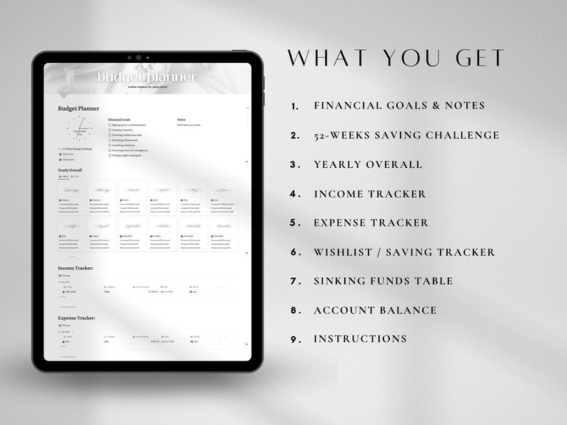 K&ouml;nnte beinhalten: Ein digitaler Budgetplaner auf einem schwarzen Tablet. Der Bildschirm zeigt ein wei&szlig;es Dokument mit Abschnitten f&uuml;r finanzielle Ziele, Einnahmen und Ausgaben. Der Text "WHAT YOU GET" ist sichtbar, gefolgt von einer Liste von Funktionen.