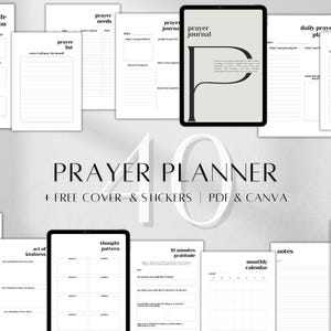 May include: A collection of digital prayer planner pages featuring black text on white backgrounds, including sections for life reflection, prayer lists, daily plans, and gratitude. The central text reads 40 PRAYER PLANNER + FREE COVER & STICKERS | PDF & CANVA.