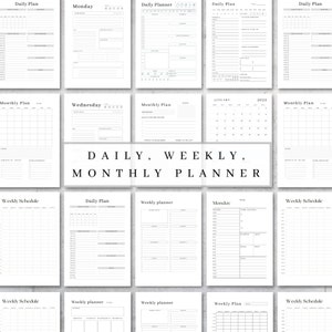 May include: A printable planner with daily, weekly, and monthly layouts. The planner includes sections for notes, to-do lists, and schedules. The planner is designed in a minimalist style with black text on a white background.