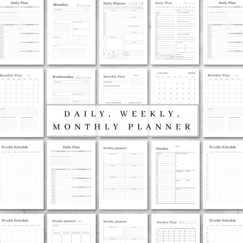 May include: A printable planner with daily, weekly, and monthly layouts. The planner includes sections for notes, to-do lists, and schedules. The planner is designed in a minimalist style with black text on a white background.